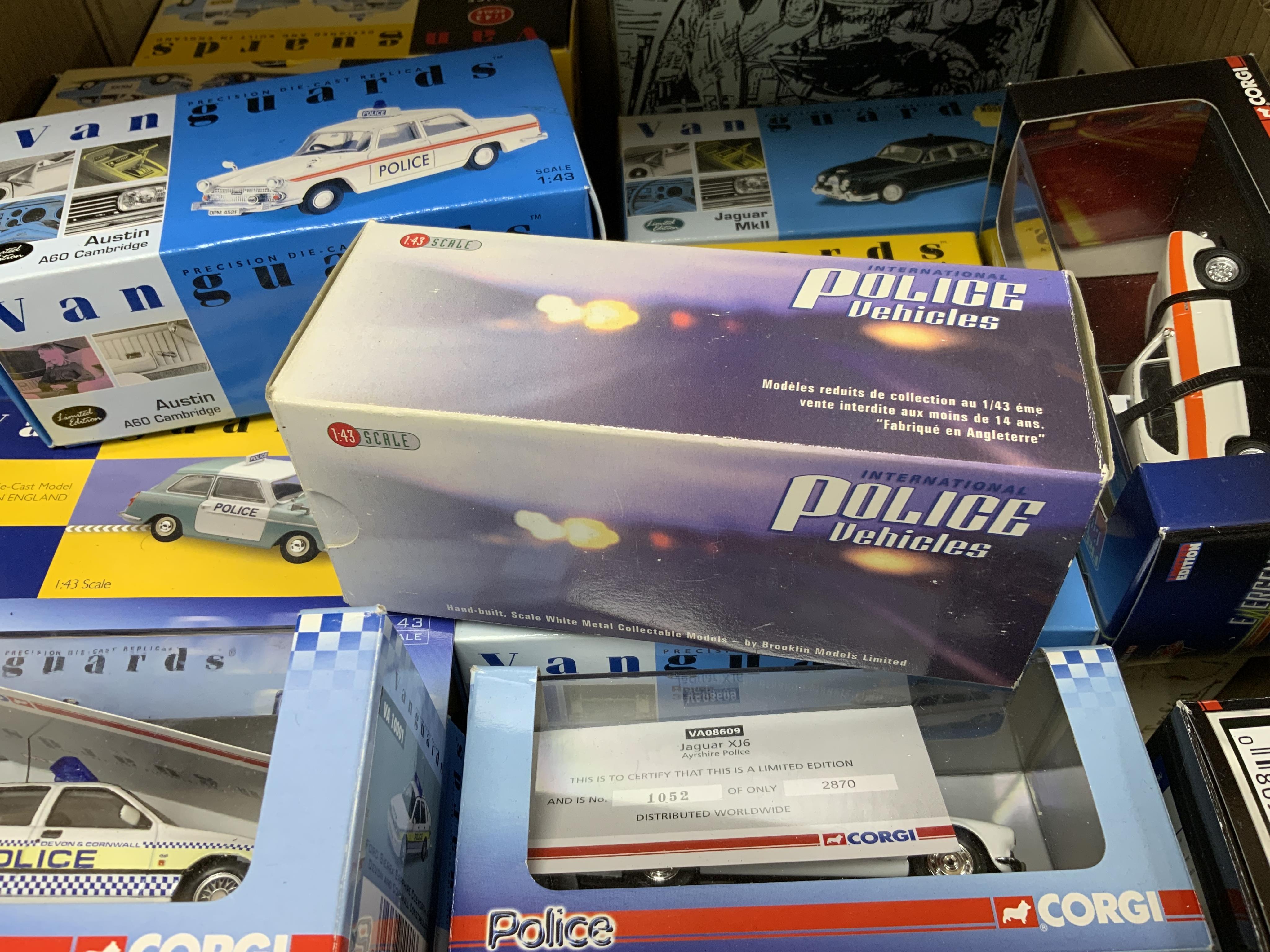 A collection of boxed diecast vehicles, mainly Police related, by Vanguards, Corgi, Cararama, etc. including a Brooklin Models white metal model of a 1972 Vauxhall Ventura (IPV04) in Huddersfield & District (West Yorkshi
